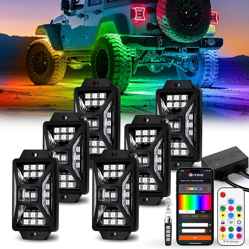 DITRIO 6 Pods Five Sided RGB Rock Lights for Trucks Jeep UTV SUV ATV Golf Cart, Multi Chasing Color App/Remote Control Led Rock Lights with Music Mode, Waterproof Exterior Underglow Kits for Cars - Image 1